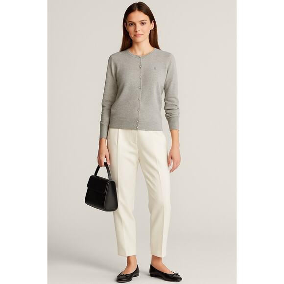 Lauren Ralph Lauren Silk Cashmere Pearl Button Cardigan Sweater Grey Gray XL - Picture 1 of 6